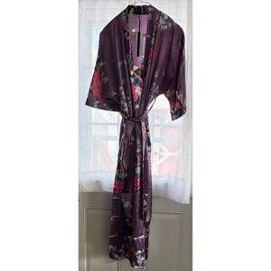 NWT BABEYOND Women's Kimono Long Robe Purple Peacock Blossoms Floral Nightgown